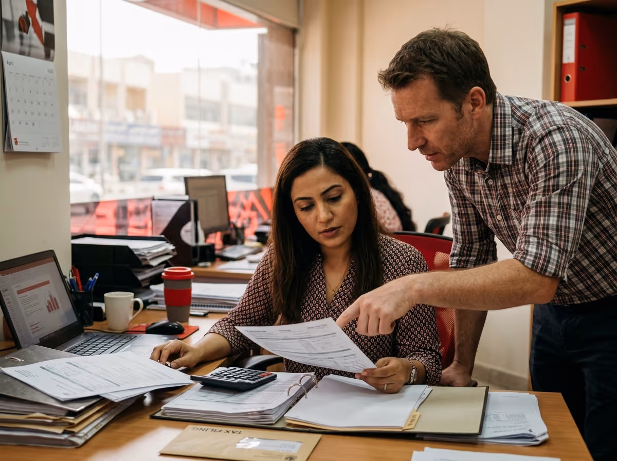 Two colleagues review documents at an office desk. A woman sits, holding a paper, while a man leans over, pointing at it.