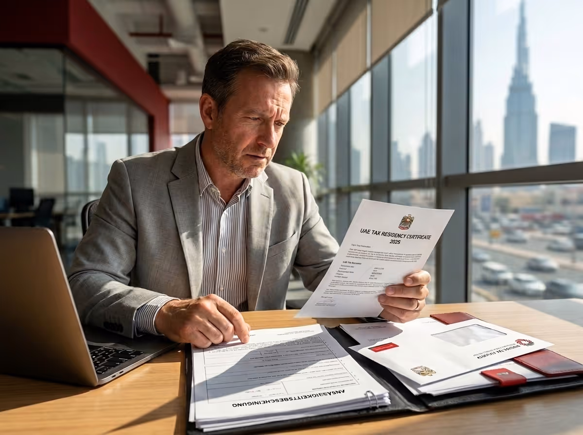 A man in a gray suit reads a document titled "UAE Tax Residency Certificate" at a desk with a laptop and city view.