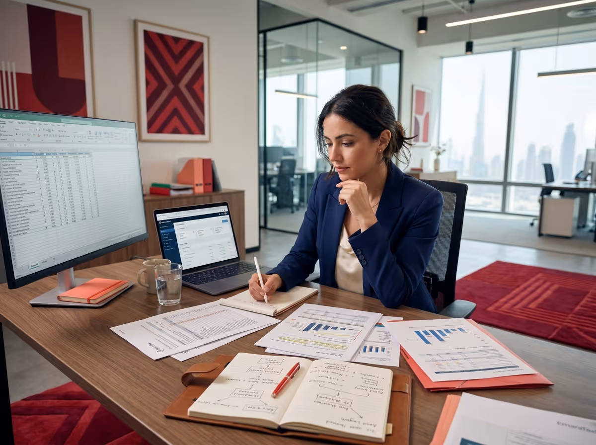 A focused woman in a blue suit works at a wooden desk with a laptop, monitor, and documents in a modern office.