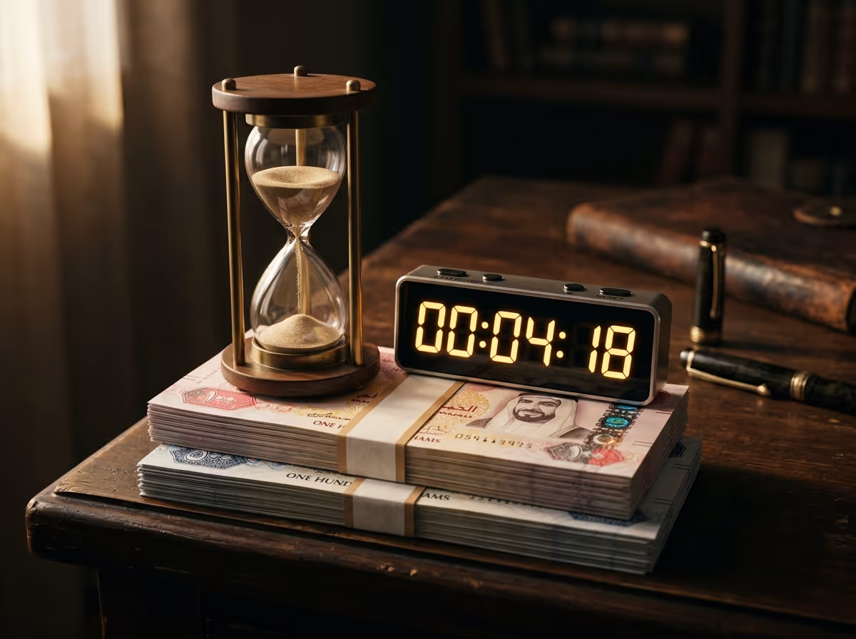 An hourglass and a digital timer showing 00:04:18 rest on stacks of money on a wooden desk.