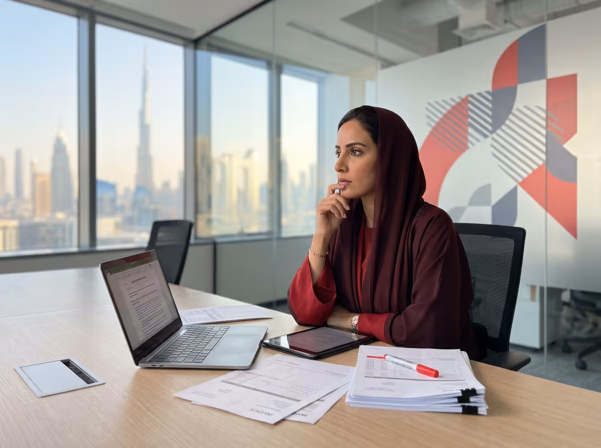 A woman in a red abaya and hijab sits at a desk with a laptop, looking out a window at a city skyline.