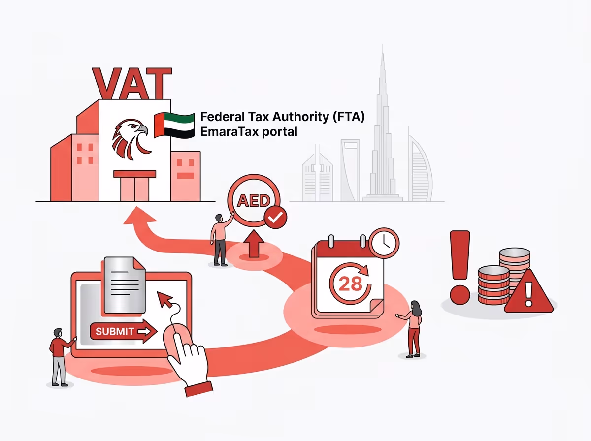 An infographic illustrates the VAT submission process to the Federal Tax Authority in the UAE.