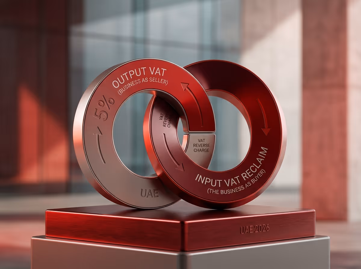 Two interlocking red and silver rings with text about VAT, on a red and silver base with "UAE 2026" on it.