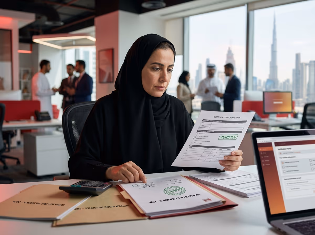 A woman in a black abaya sits at a desk, reviewing a document marked "VERIFIED" in a modern office with a city skyline view.