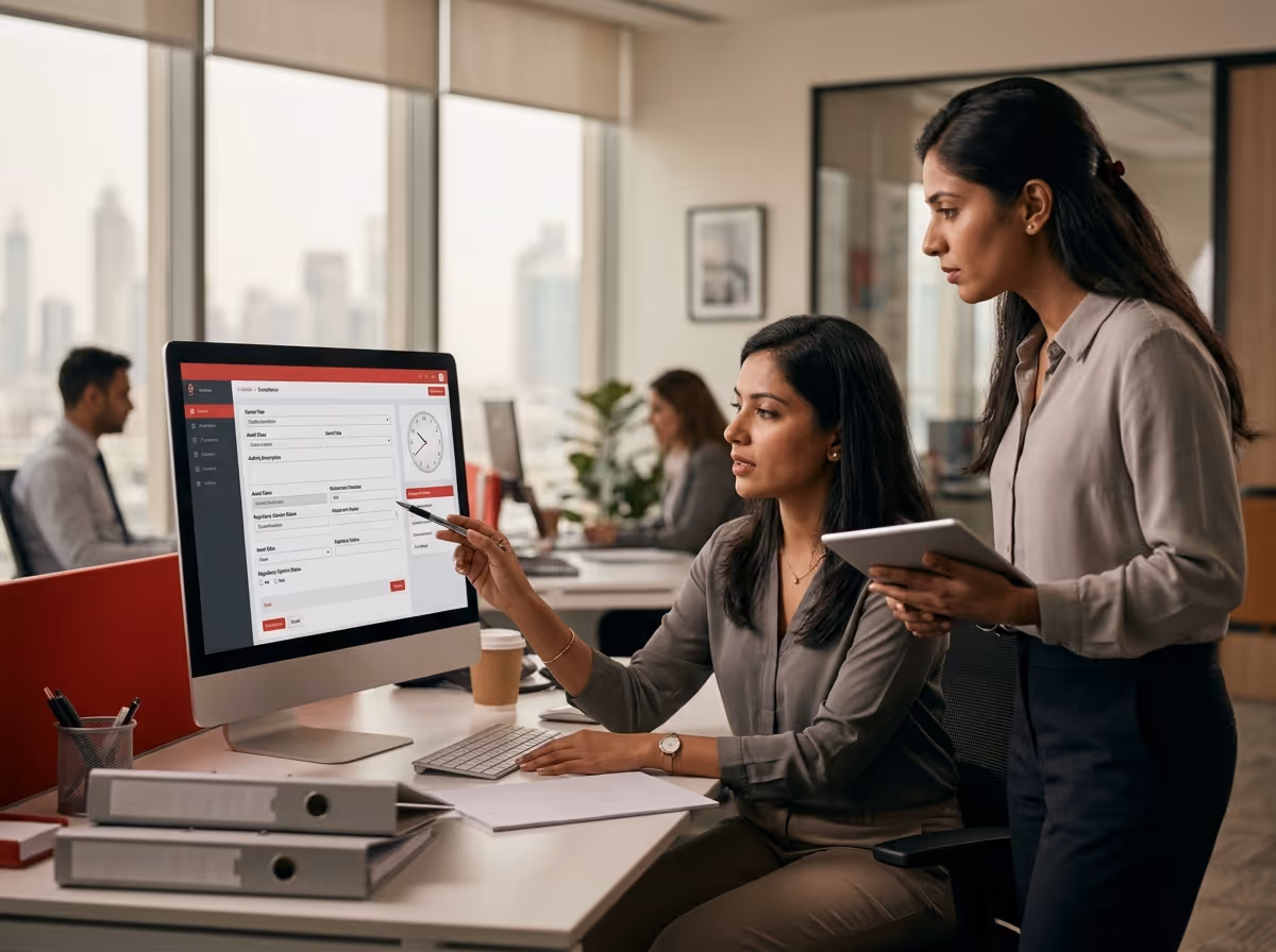 Two women collaborate on a computer in a modern office with large windows overlooking a city skyline.