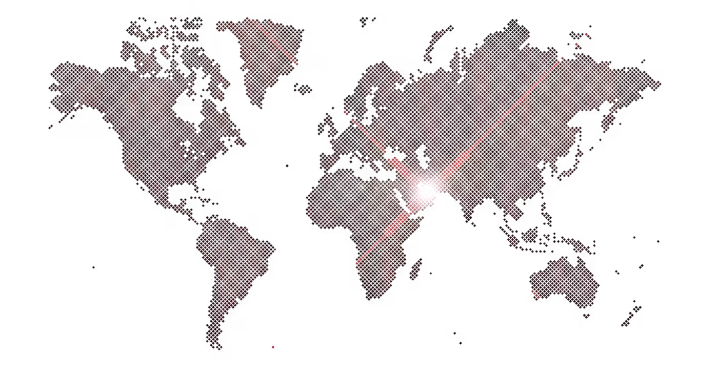 World map pixelated with light putting the focus on UAE, decorative