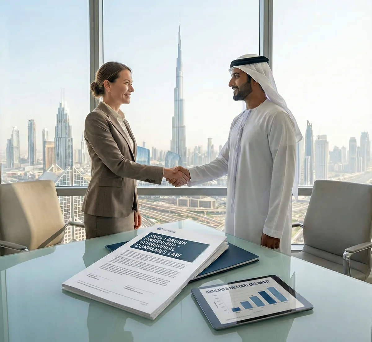 Ein Foto einer ausländischen Geschäftsfrau im Anzug und eines emiratischen Geschäftsmannes in traditioneller Kleidung, die sich über einem gläsernen Konferenztisch in einem modernen Büro die Hände schütteln. Das Panoramafenster hinter ihnen zeigt die Skyline von Dubai, einschließlich des Burj Khalifa. Auf dem Tisch liegt ein Dokument mit dem Titel "100% FOREIGN OWNERSHIP COMPANIES LAW" neben einem Tablet, das Geschäftsdiagramme anzeigt, was die Liberalisierung der Eigentumsregeln in den VAE symbolisiert.