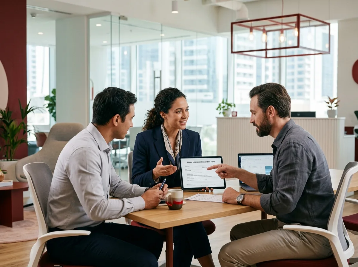 Three professionals are seated around a wooden table in a modern office, discussing a document on a tablet.