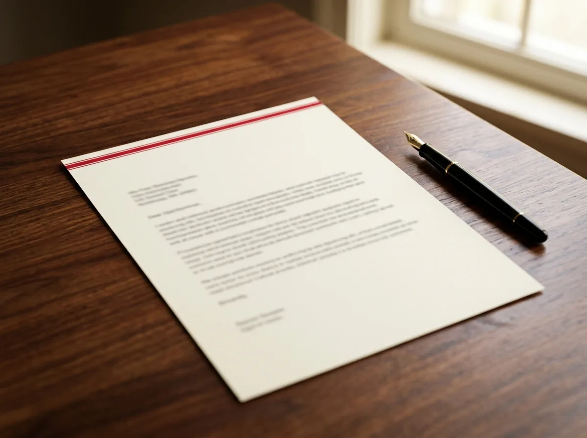 A letter with red stripes and a black fountain pen rest on a wooden desk near a window.