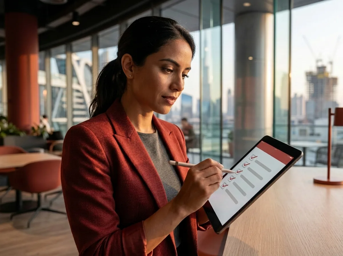 Eine Frau in einem rostfarbenen Blazer benutzt einen Stift auf einem Tablet mit einer Checkliste in einem modernen Büro.