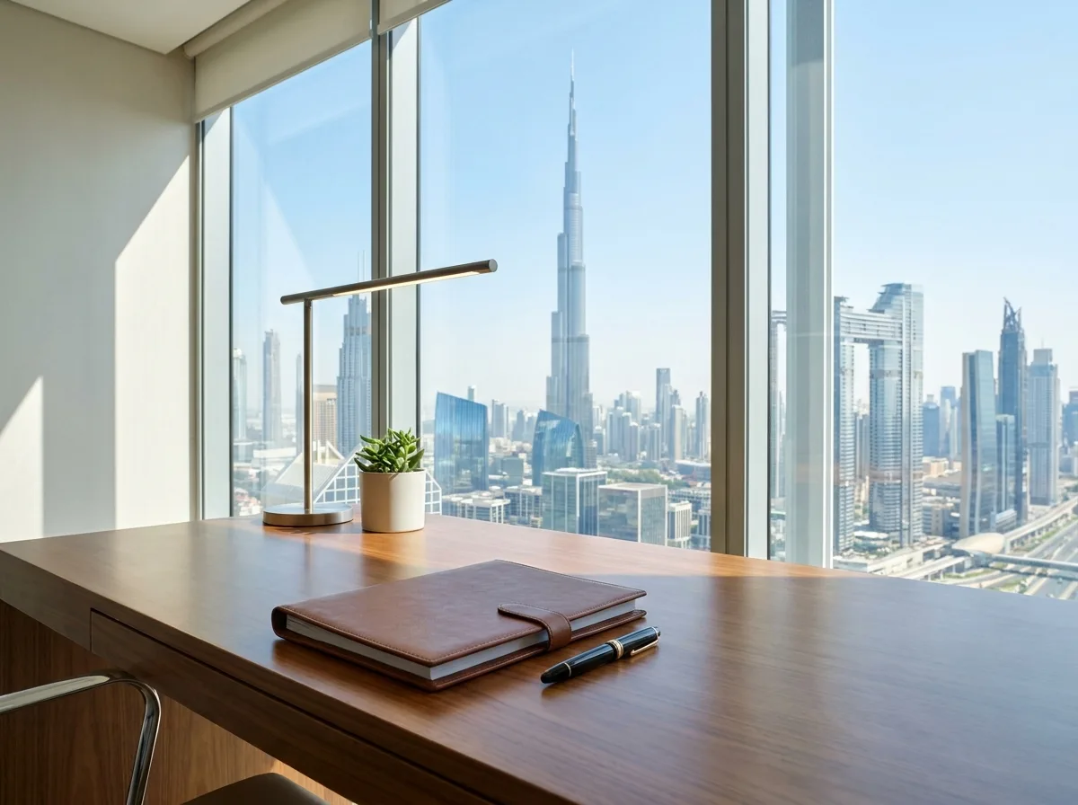 A wooden desk with a notebook, pen, and plant sits by a window overlooking the Dubai skyline with the Burj Khalifa.