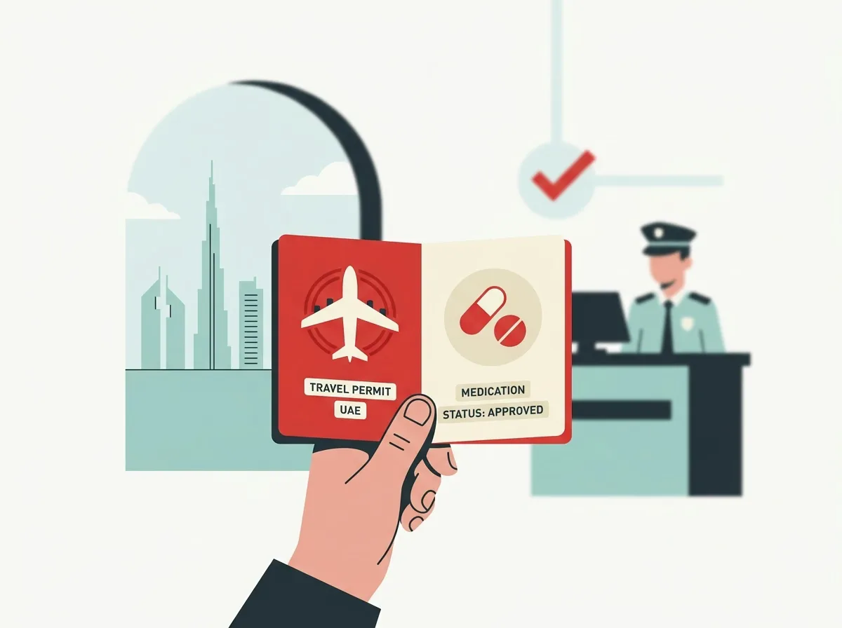 A hand holds an open red passport with a plane icon and "Travel Permit UAE" on one side.