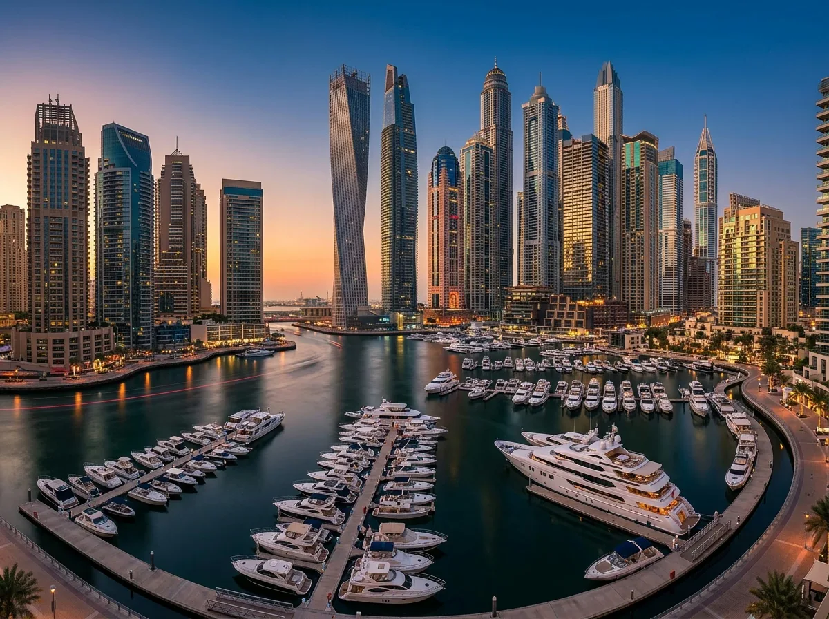 Eine Weitwinkelaufnahme der Dubai Marina bei Sonnenuntergang.