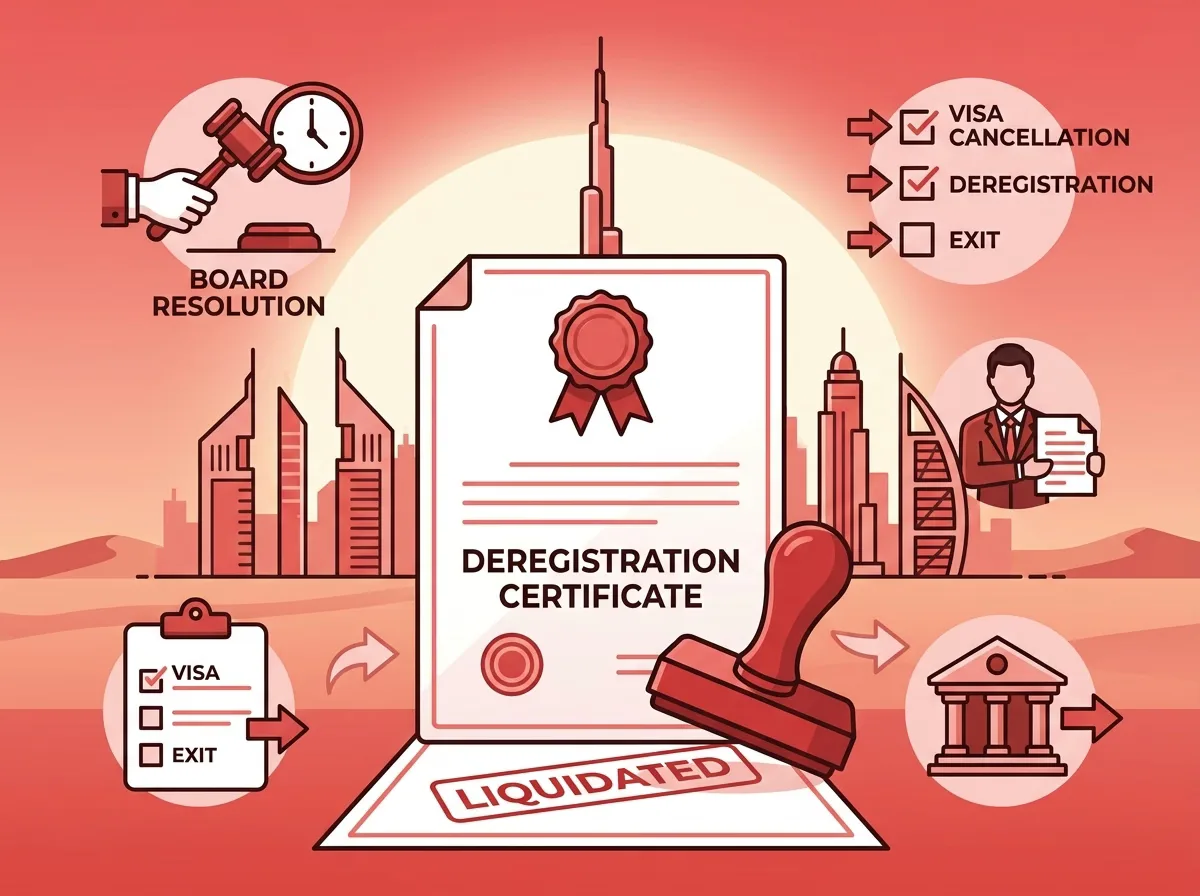 An illustration in red tones shows a deregistration certificate with a "liquidated" stamp.