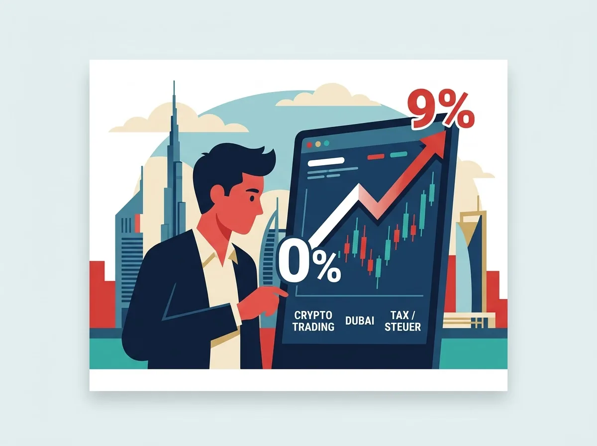 Eine Illustration eines Mannes, der auf ein Krypto-Trading-Diagramm auf einem großen Bildschirm mit der Skyline von Dubai.