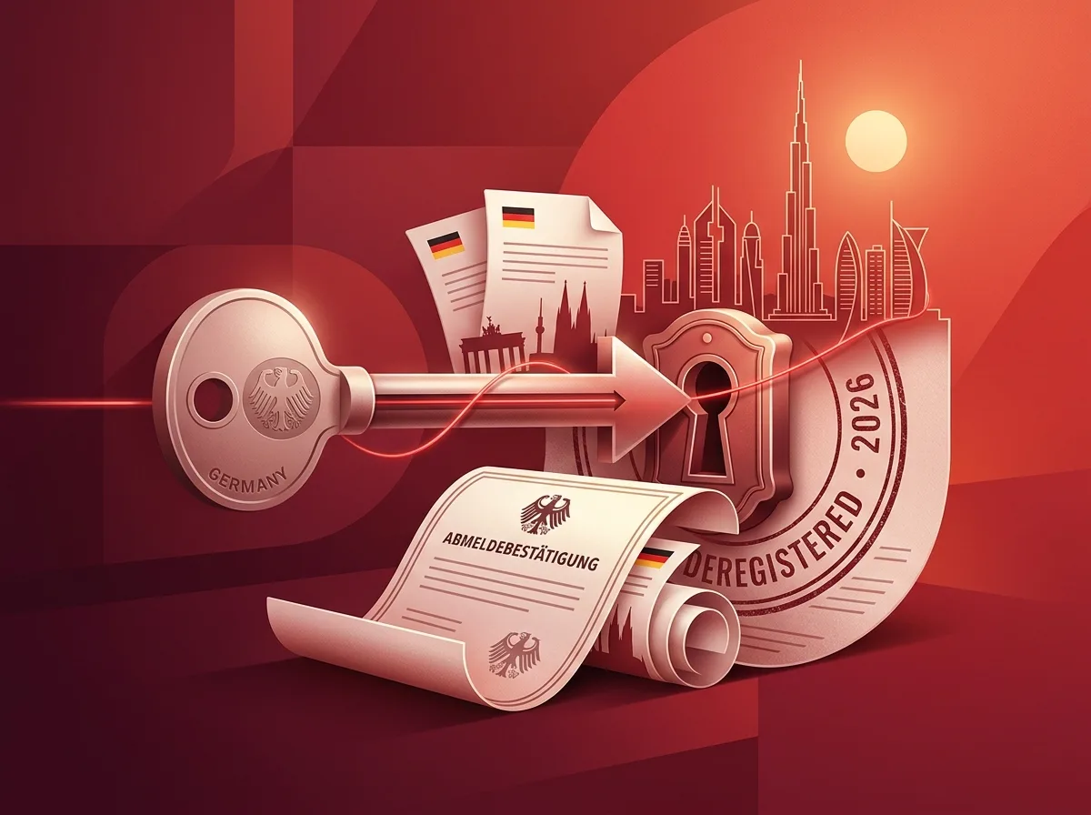 An illustration shows a key labeled "Germany" pointing to a lock, with German documents and a Dubai skyline in shades of red.