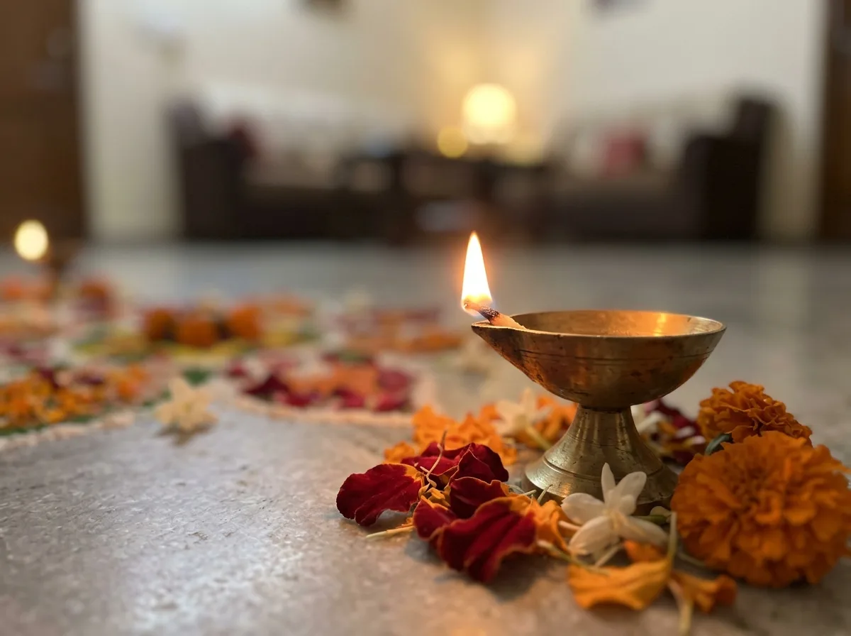 A lit brass oil lamp sits on a light-colored floor, surrounded by red, orange, and white flower petals.