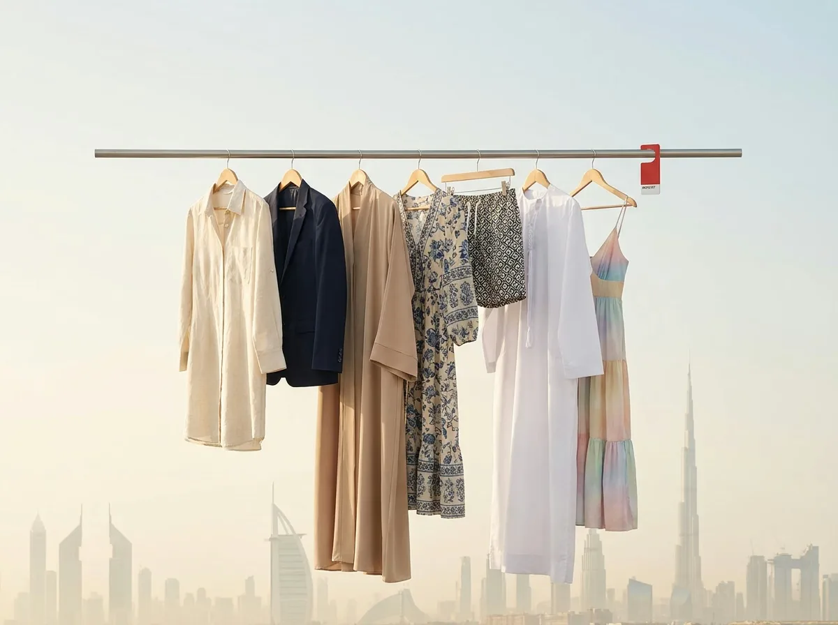 Clothing rail with diverse outfits, abaya, blazer, sundress, swim trunks, against a soft Dubai skyline at midday.