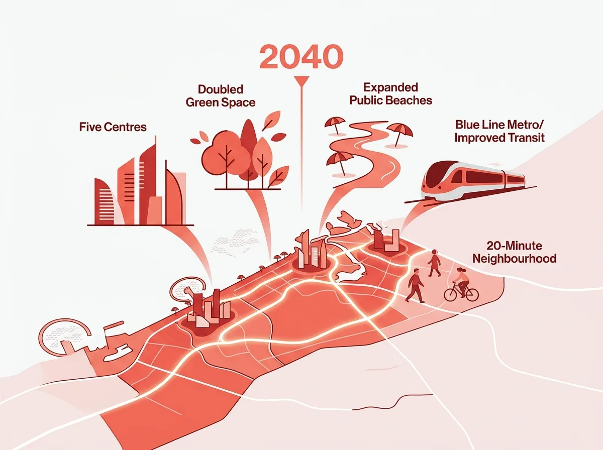 An infographic map shows five urban development goals for 2040, including green spaces, beaches, and transit.