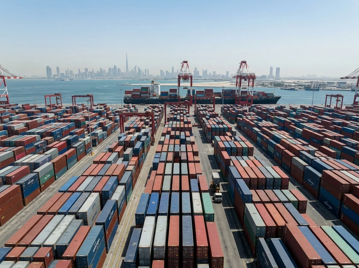 An aerial view shows a vast port with rows of colorful shipping containers, a large cargo ship, and a distant city skyline.