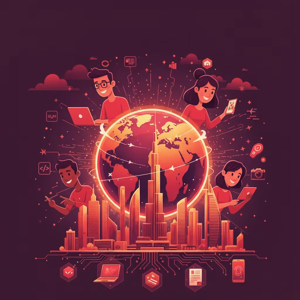 Animated illustration: Dubai skyline and Earth, surrounded by four diverse freelancers working. Modern red palette, subtle tech icons in background.