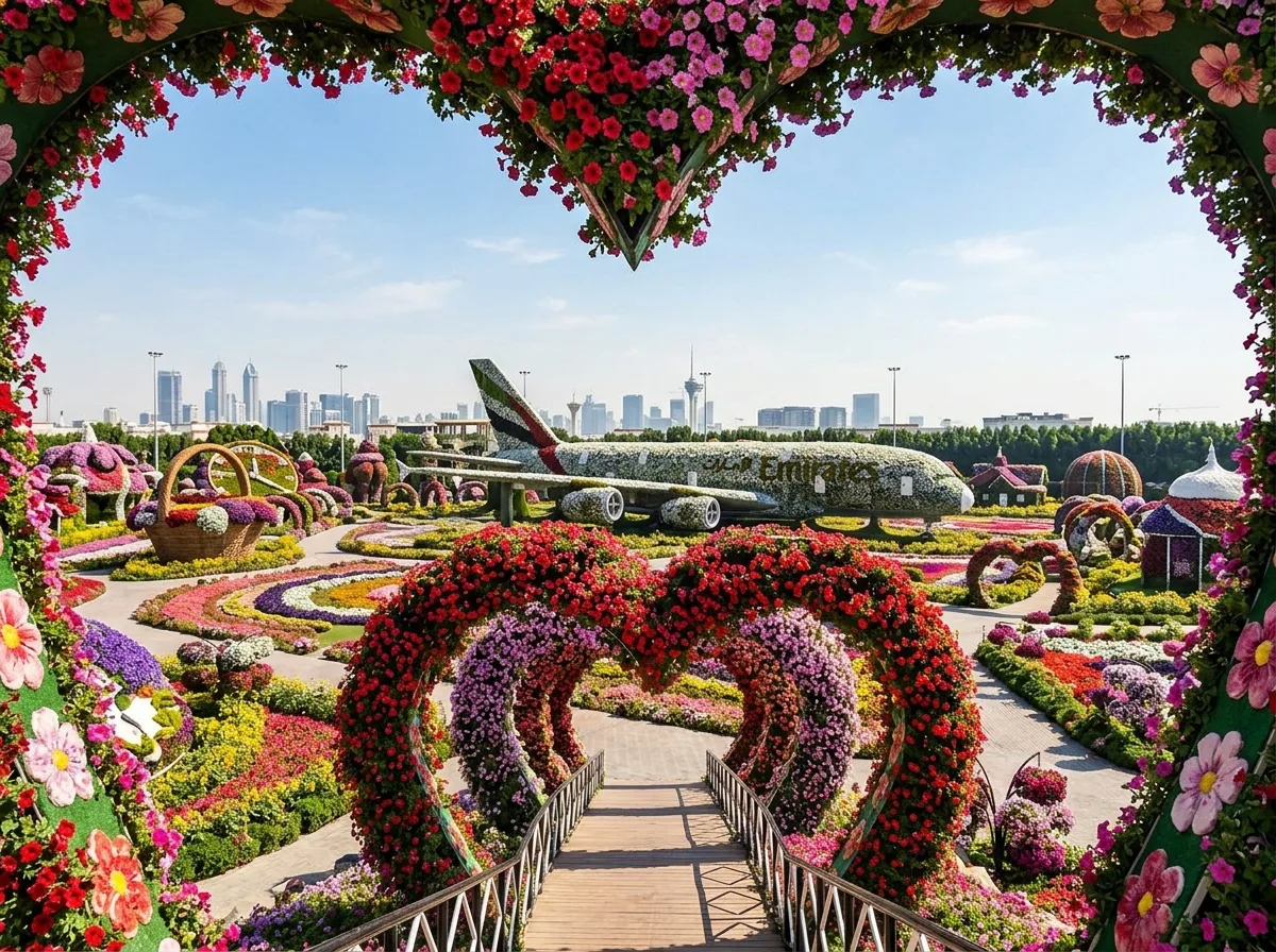 A flower garden with an Emirates airplane covered in flowers, seen through a heart-shaped flower archway.