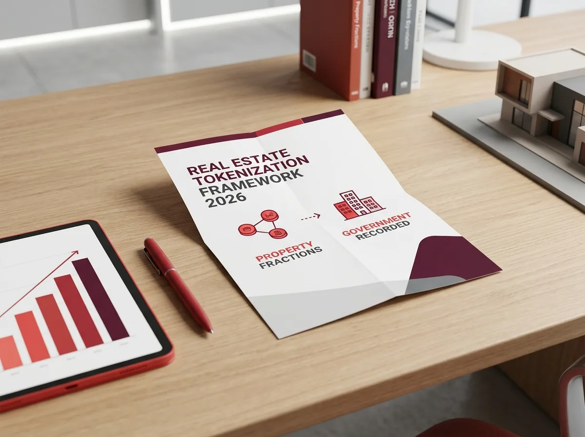 A white paper titled "Real Estate Tokenization Framework 2026" lies on a wooden desk next to a tablet and a pen.