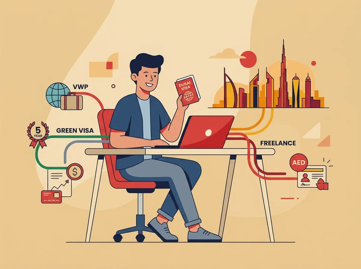 Eine Illustration eines Mannes an einem Schreibtisch mit Laptop, der einen Dubai-Visumspass hält.