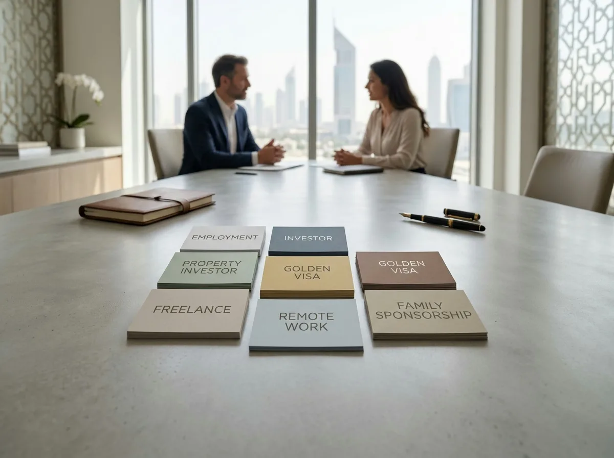 Zwei Personen sitzen an einem Konferenztisch mit Karten, die Visumtypen zeigen, mit Blick auf eine Stadtkulisse.