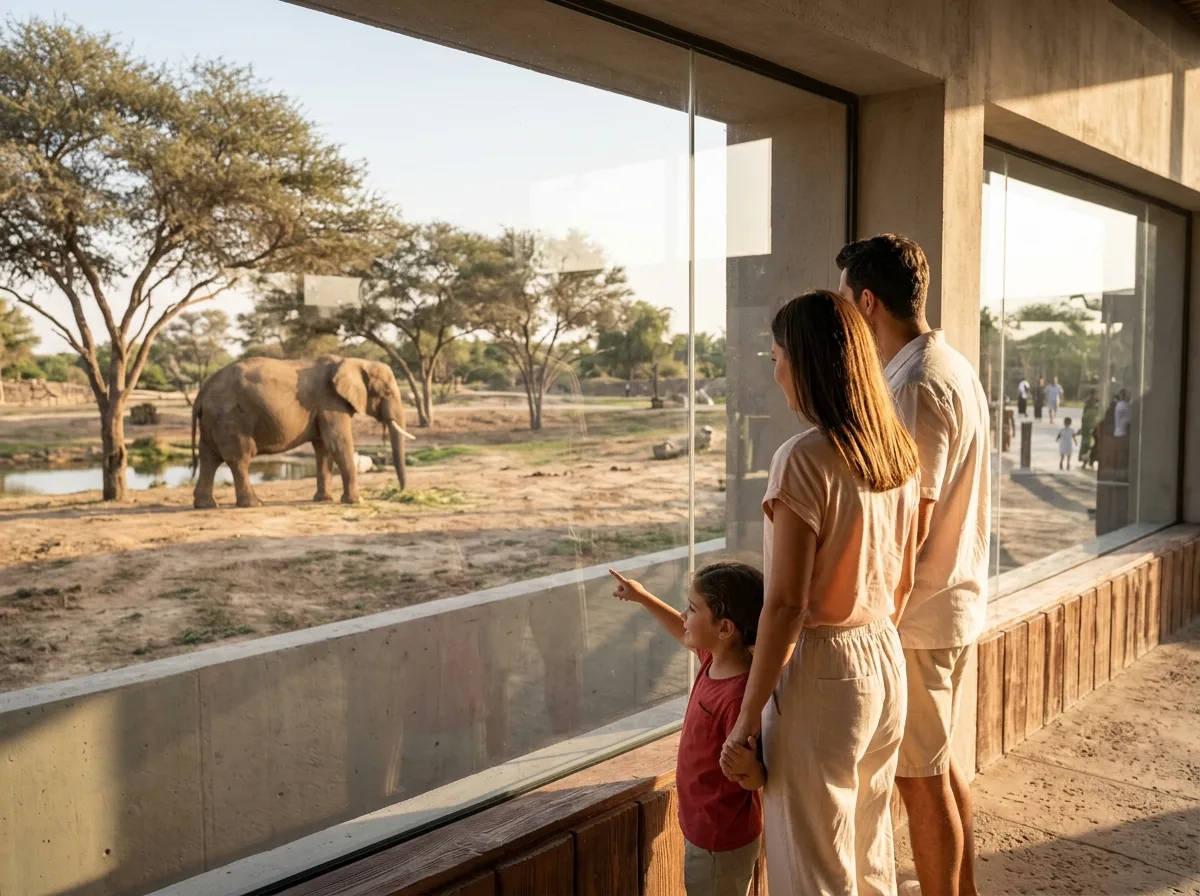 A family watches an elephant from behind a glass wall, with a child pointing at the animal in a sunny outdoor enclosure.