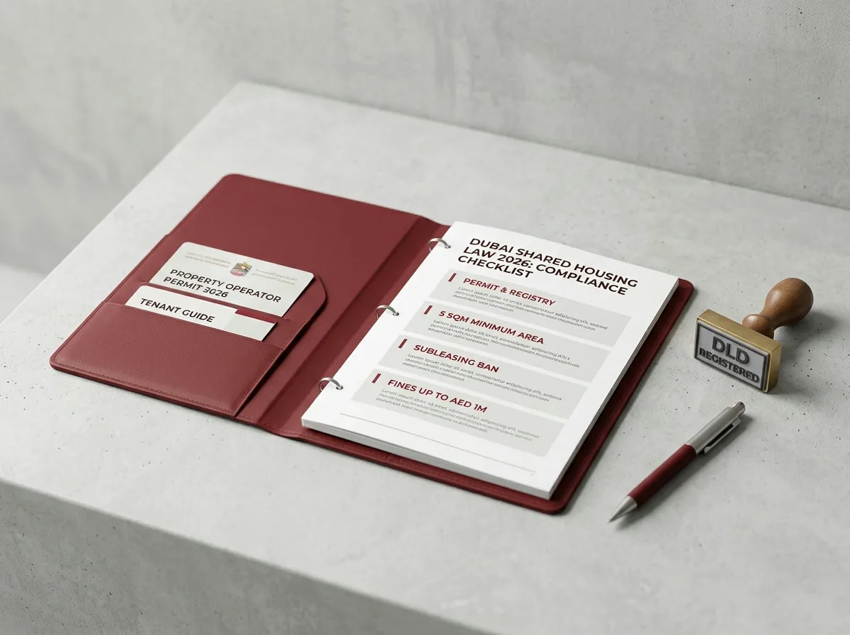 Ein roter Ordner mit einer "Dubai Shared Housing Law 2026: Compliance Checklist" liegt offen auf einer grauen Oberfläche.