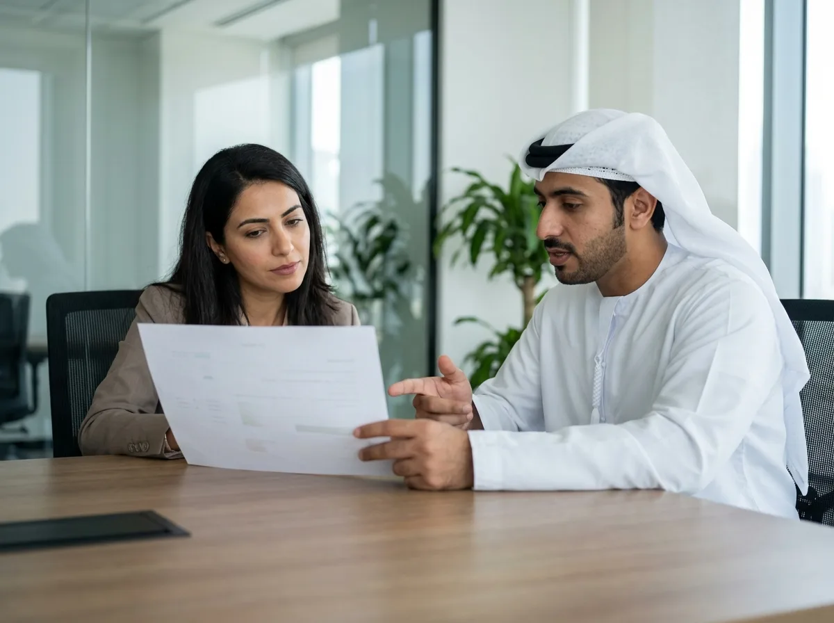 A man in traditional white attire and a woman in a brown blazer sit at a wooden table, looking at a document.