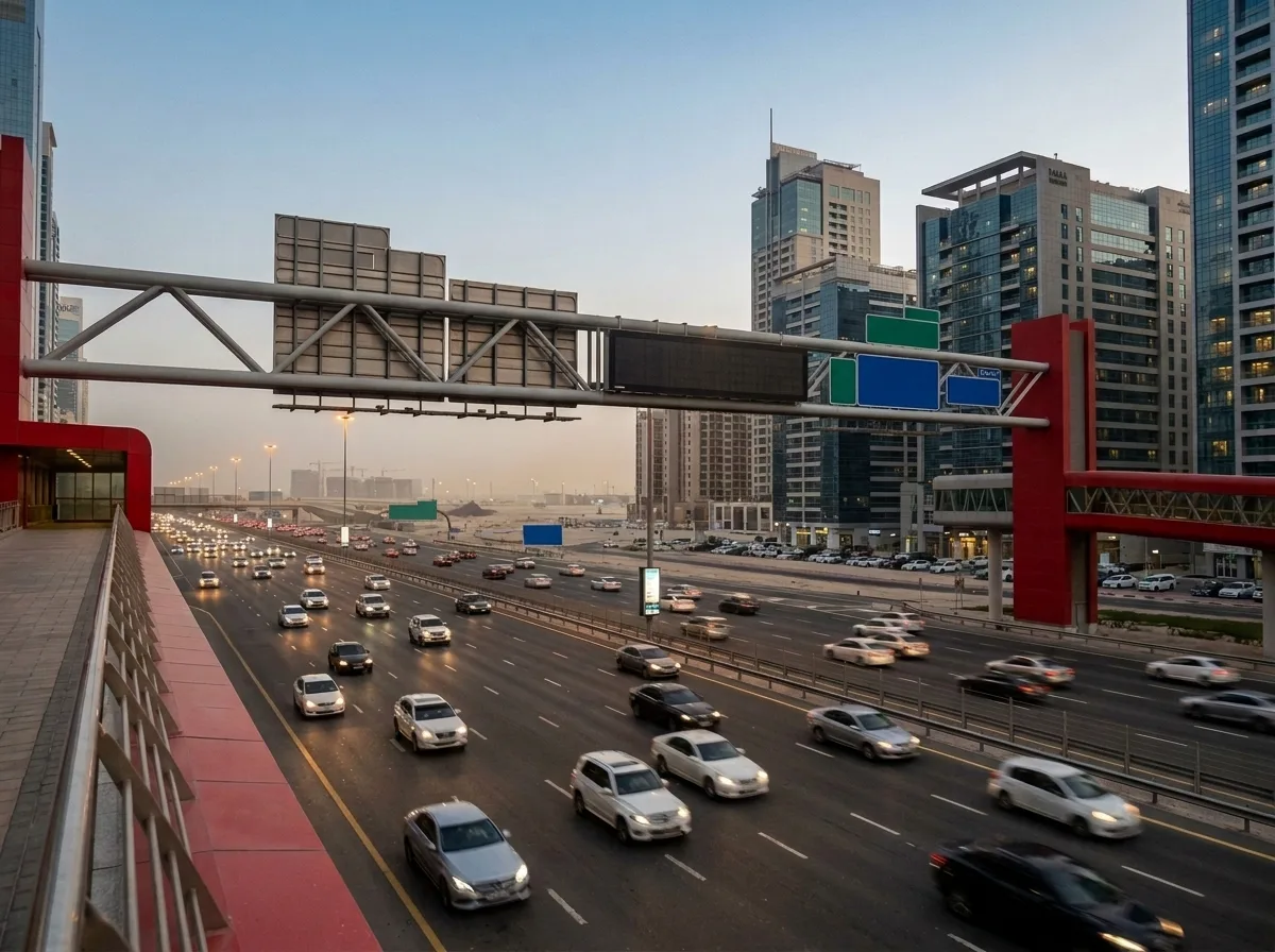 Starker Verkehr auf einer mehrspurigen Schnellstraße in Dubai in der Dämmerung, dahinter Hochhäuser.