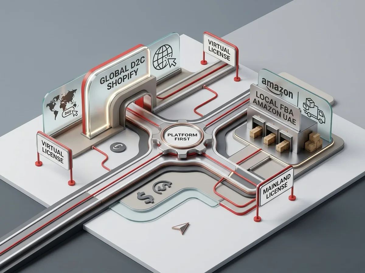 Eine 3D-Darstellung eines Geschäftsmodells mit "Platform First" im Zentrum.