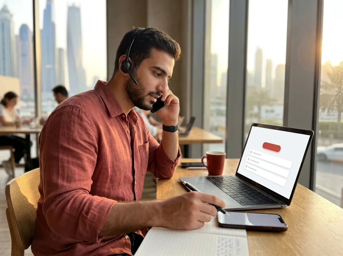 Ein Mann in einem roten Hemd trägt ein Headset, telefoniert und schreibt in ein Notizbuch an einem Schreibtisch mit Laptop.