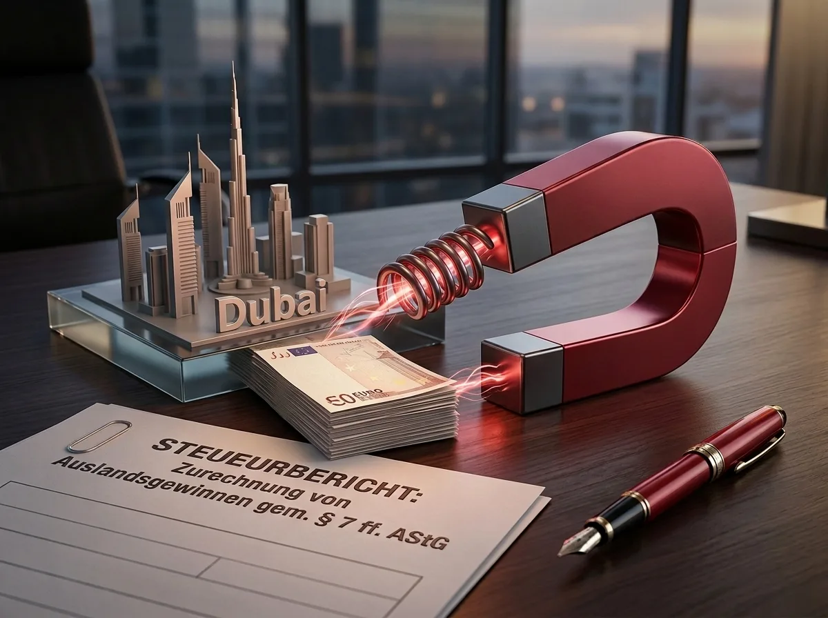 Ein roter Magnet zieht Euro-Banknoten und ein Dubai-Skyline-Modell auf einem Holztisch mit Steuerbericht und Stift an.