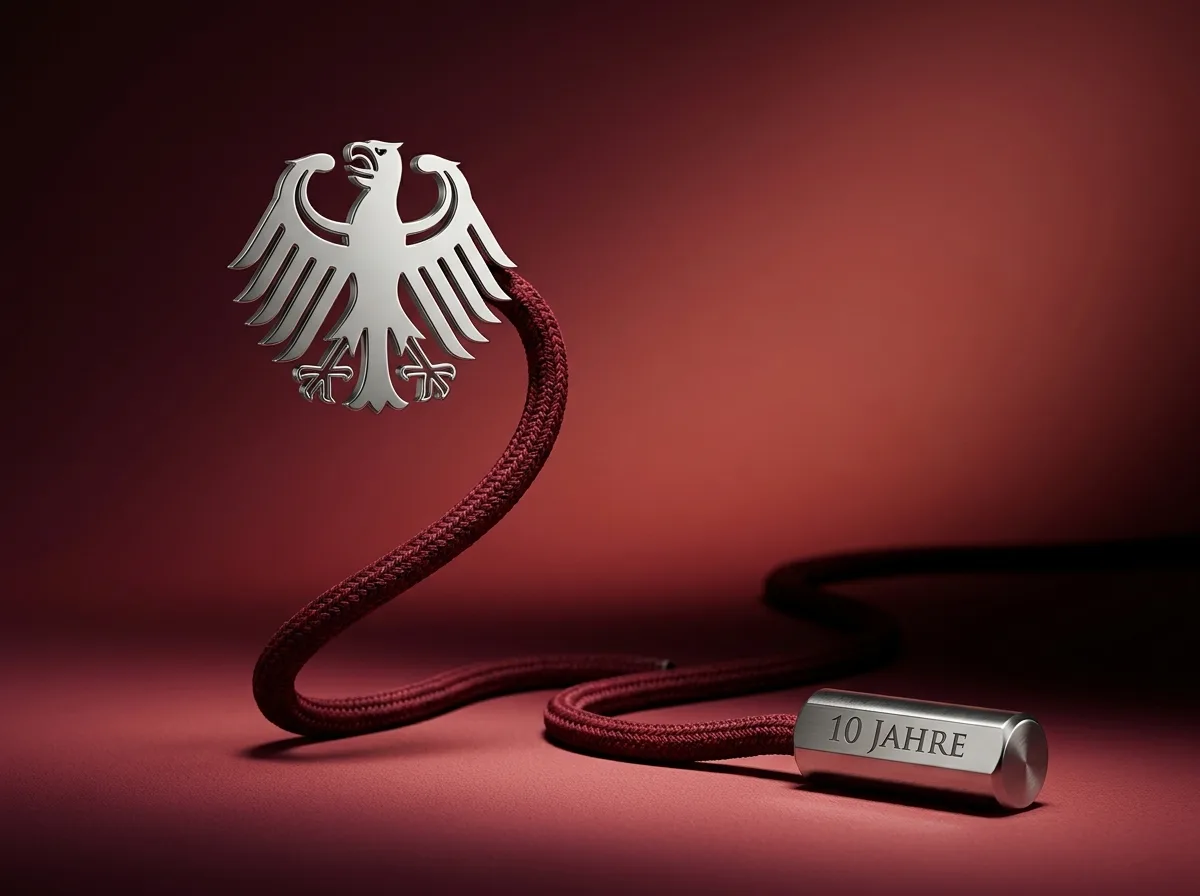Ein silbernes deutsches Adleremblem ist an einer roten geflochtenen Kordel mit einem silbernen Zylinder befestigt.
