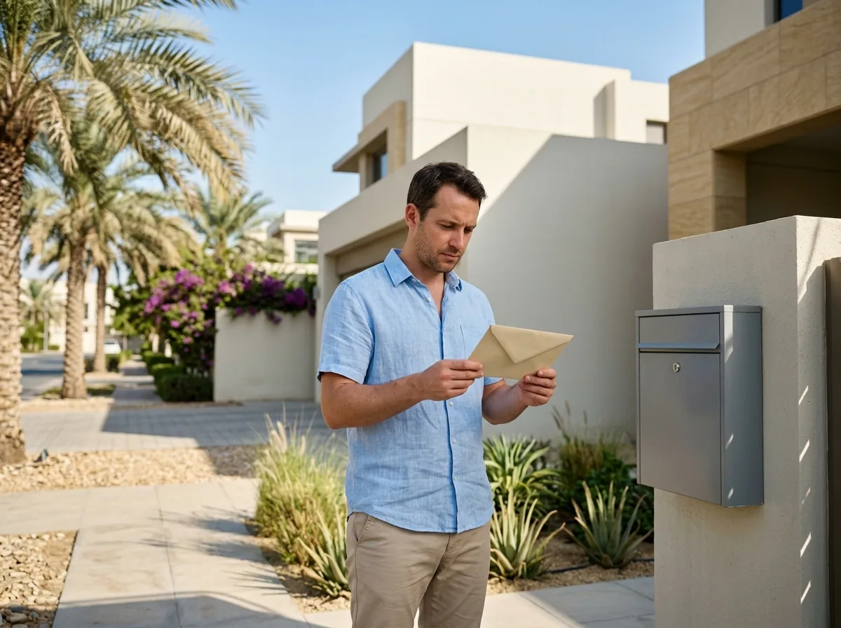 A man in a blue shirt stands at a mailbox outside a modern villa with date palms, looking at a sealed envelope.