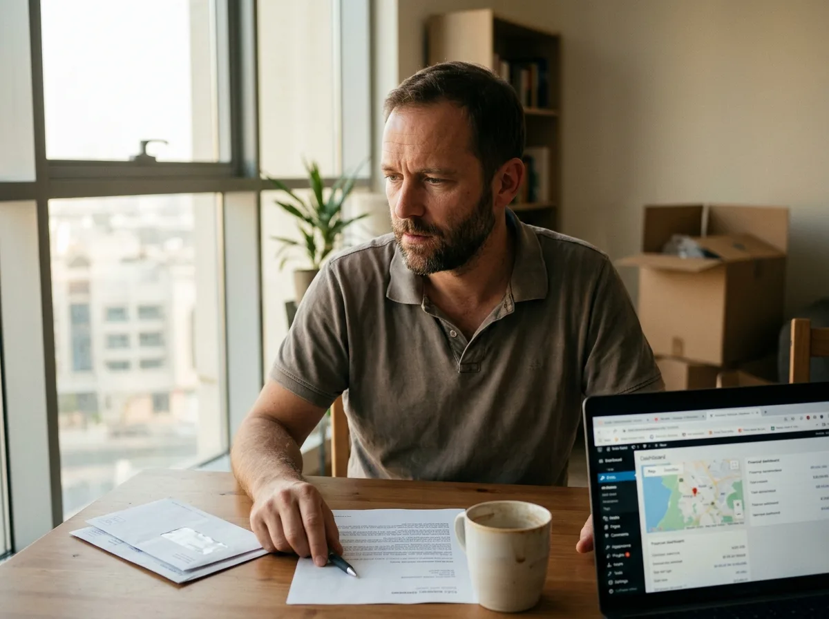 Ein bärtiger Mann sitzt an einem Holztisch und betrachtet nachdenklich Dokumente, daneben ein Laptop und eine Kaffeetasse.
