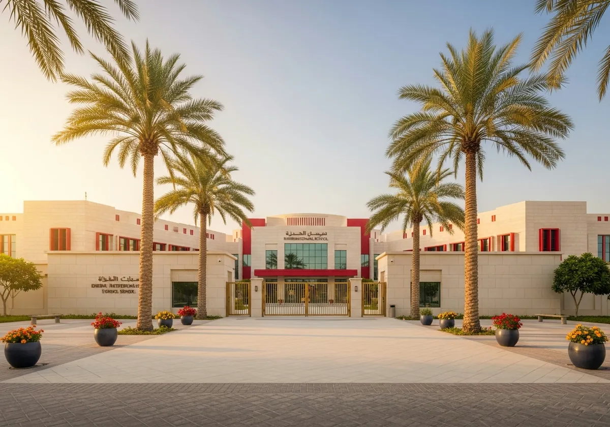 Schulgebäude in Dubai am sonnigen Morgen mit Palmen und cremefarbener Steinarchitektur.