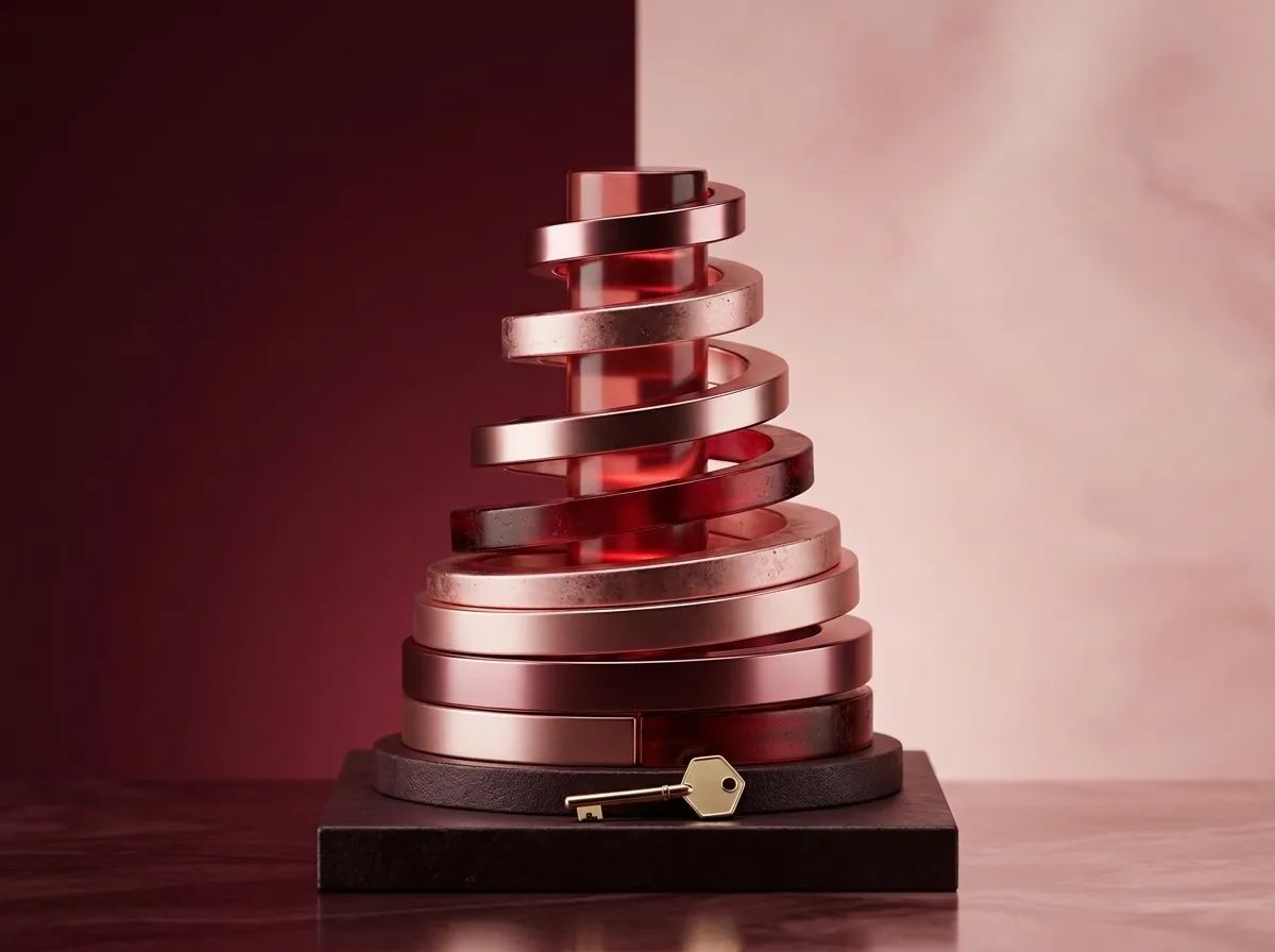 Ein goldener Schlüssel liegt auf einem dunklen Podest unter einem spiralförmigen Stapel aus roségoldenen Ringen.