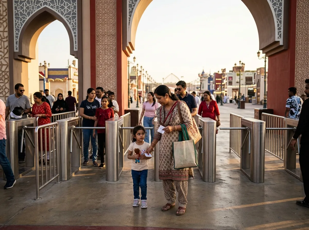 A woman and a young girl pass the entry turnstiles at Global Village Dubai, with arches and pavilions behind them.