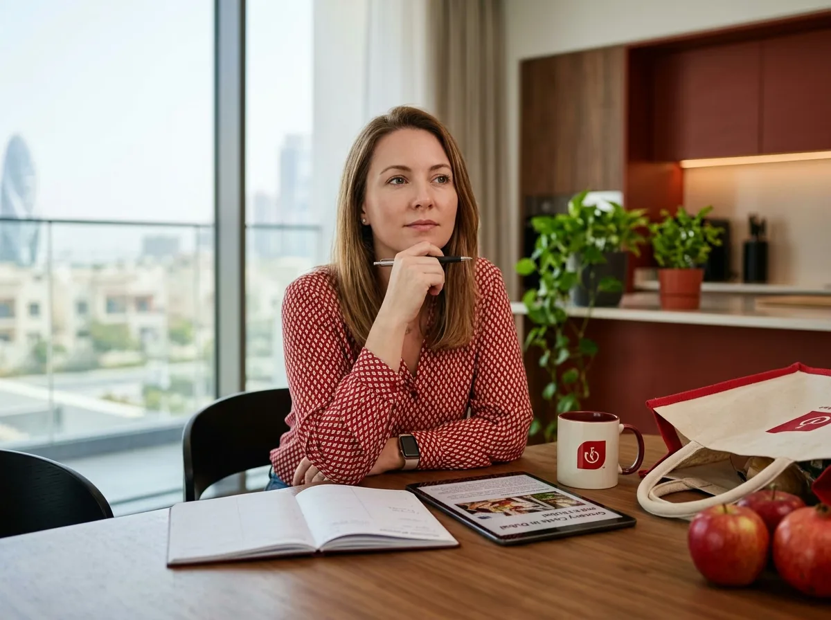 A woman in a red patterned shirt sits at a wooden table with a notebook, tablet, and apples.