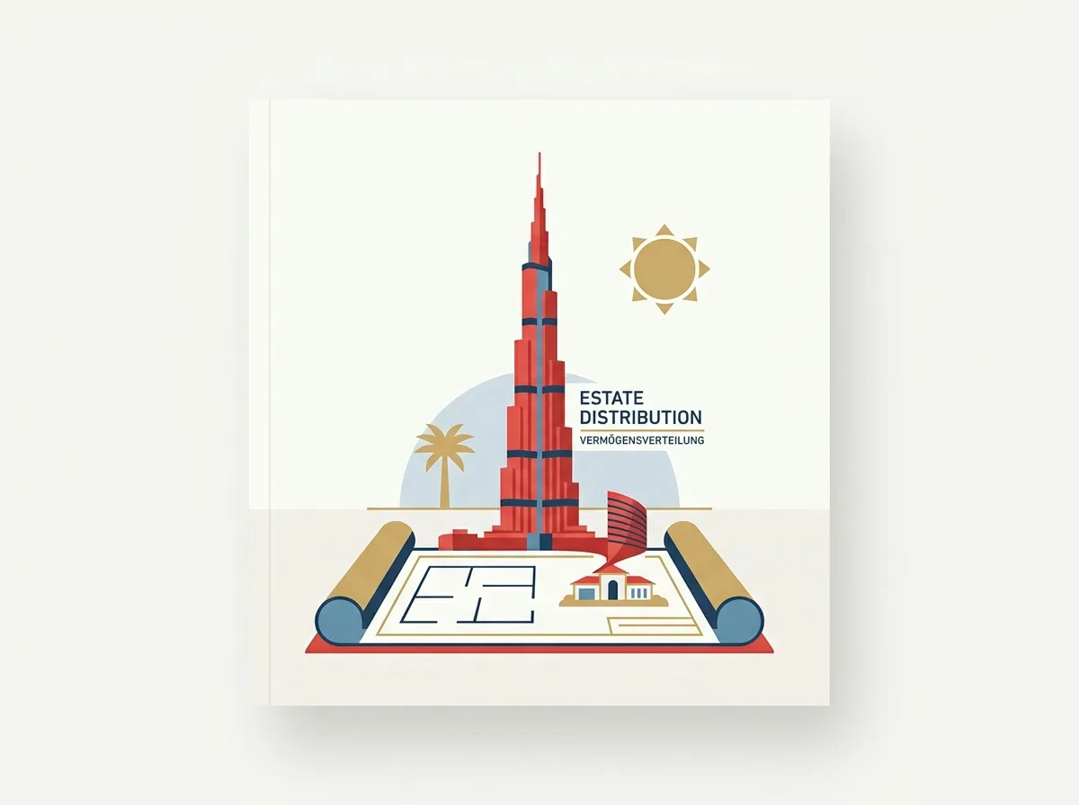 An illustration of the Burj Khalifa, a palm tree, and a house on a blueprint with the text "Estate Distribution".