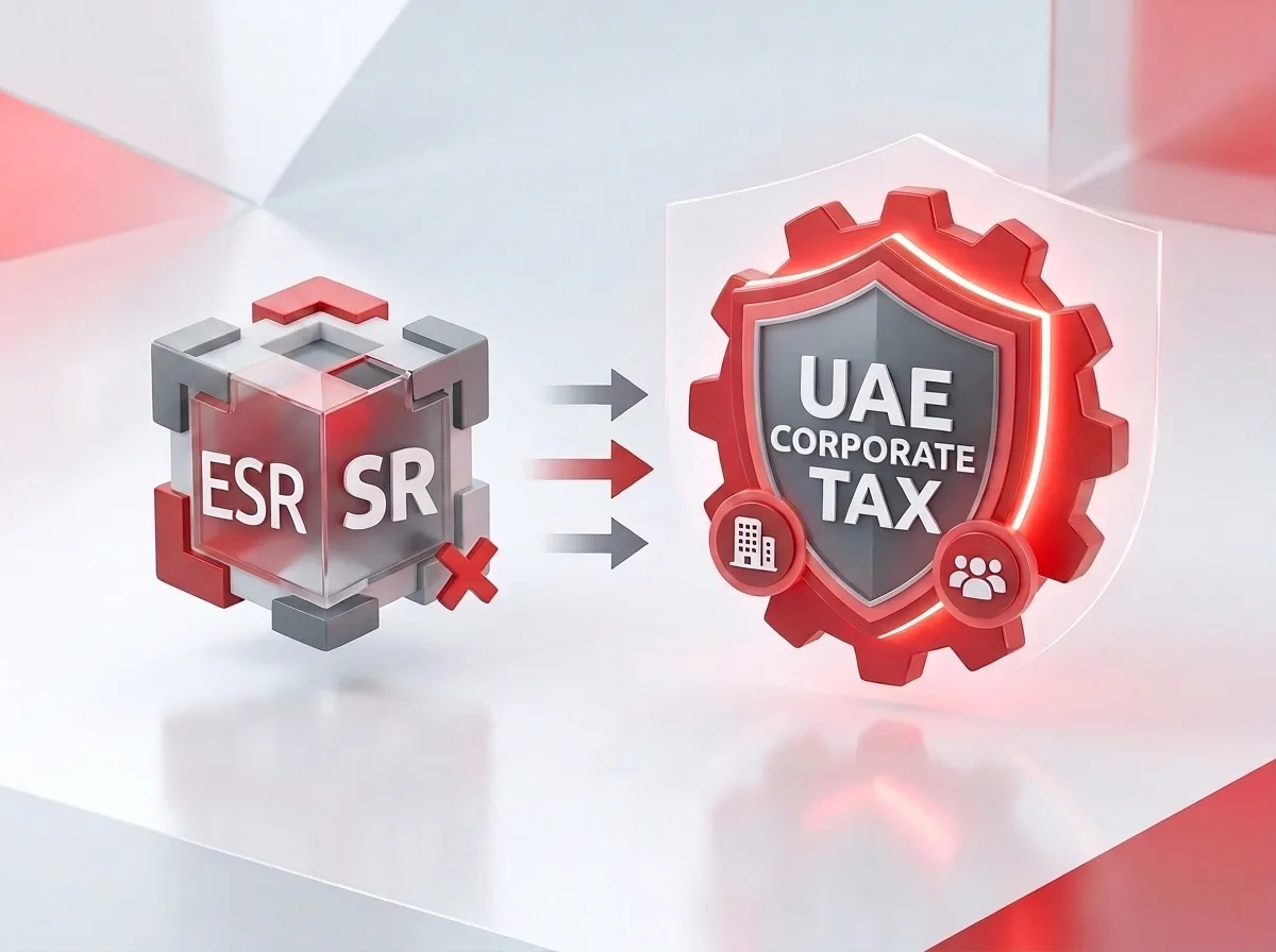 A glass cube labeled ESR SR with a red X, arrows pointing to a red UAE Corporate Tax shield with a gear.