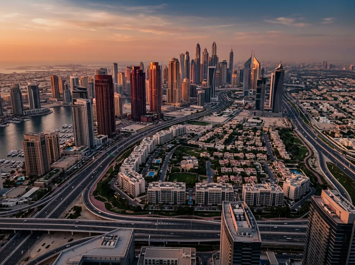 Eine Luftaufnahme von Dubai bei Sonnenuntergang, die eine dichte Stadt mit hohen Wolkenkratzern.