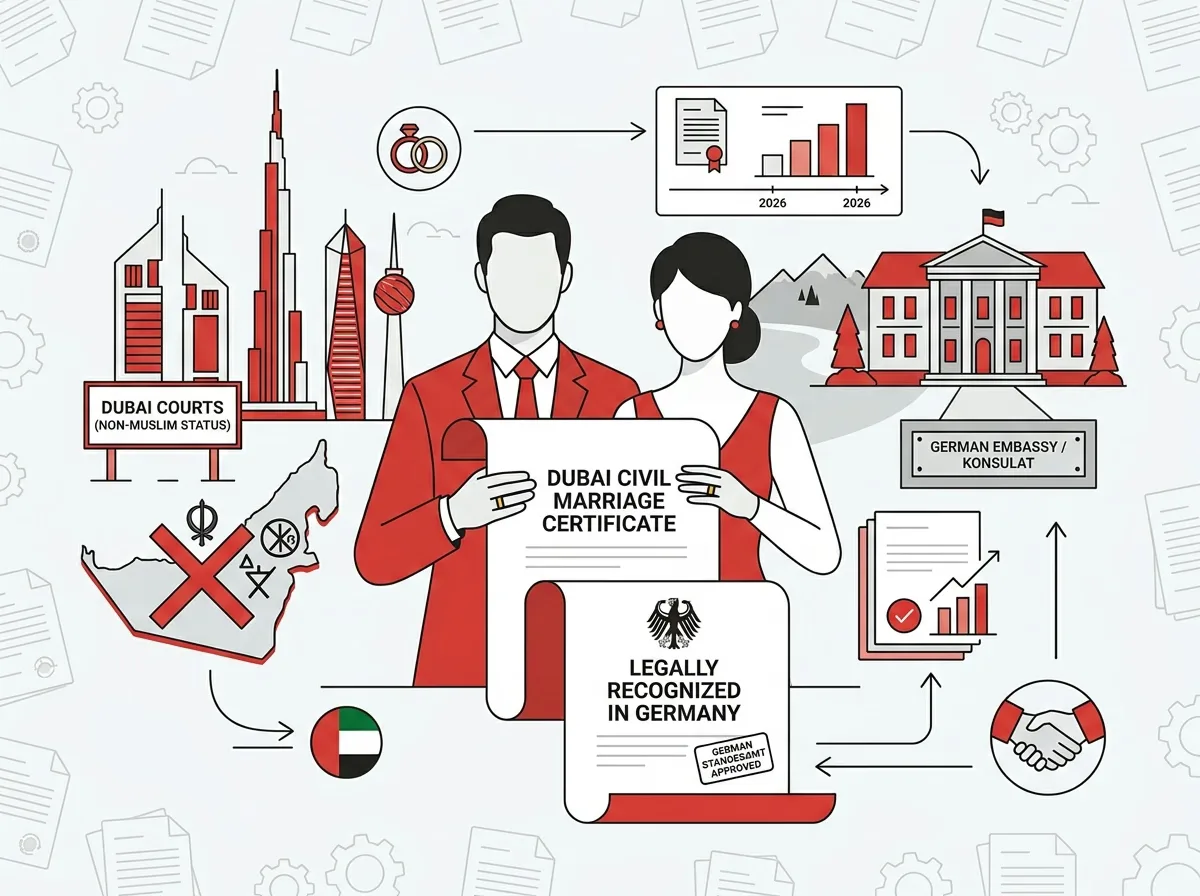 An illustration shows a couple holding a Dubai marriage certificate, recognized in Germany, with Dubai and German landmarks.