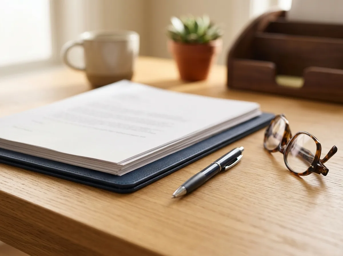A stack of papers on a blue folder, a pen, and glasses rest on a light wooden desk, with a mug and plant in the background.