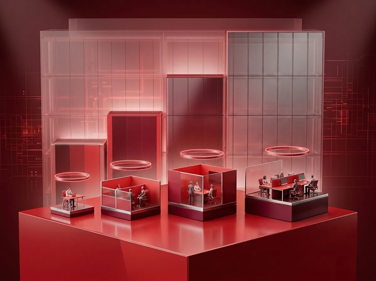 Miniature office setups with tiny people working, displayed on a red platform against a red background with glowing lines.