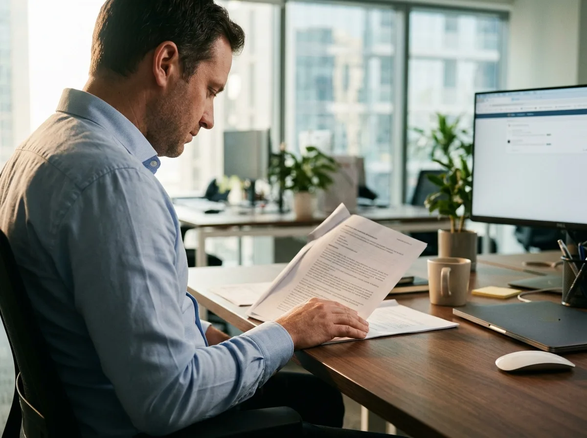 A man in a light blue shirt sits at a wooden desk in an office.